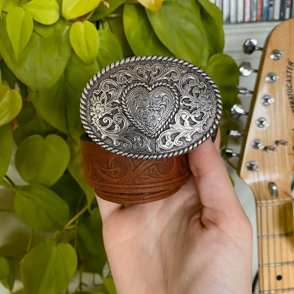 Vintage Brown Leather Belt with Silver Heart Buckle